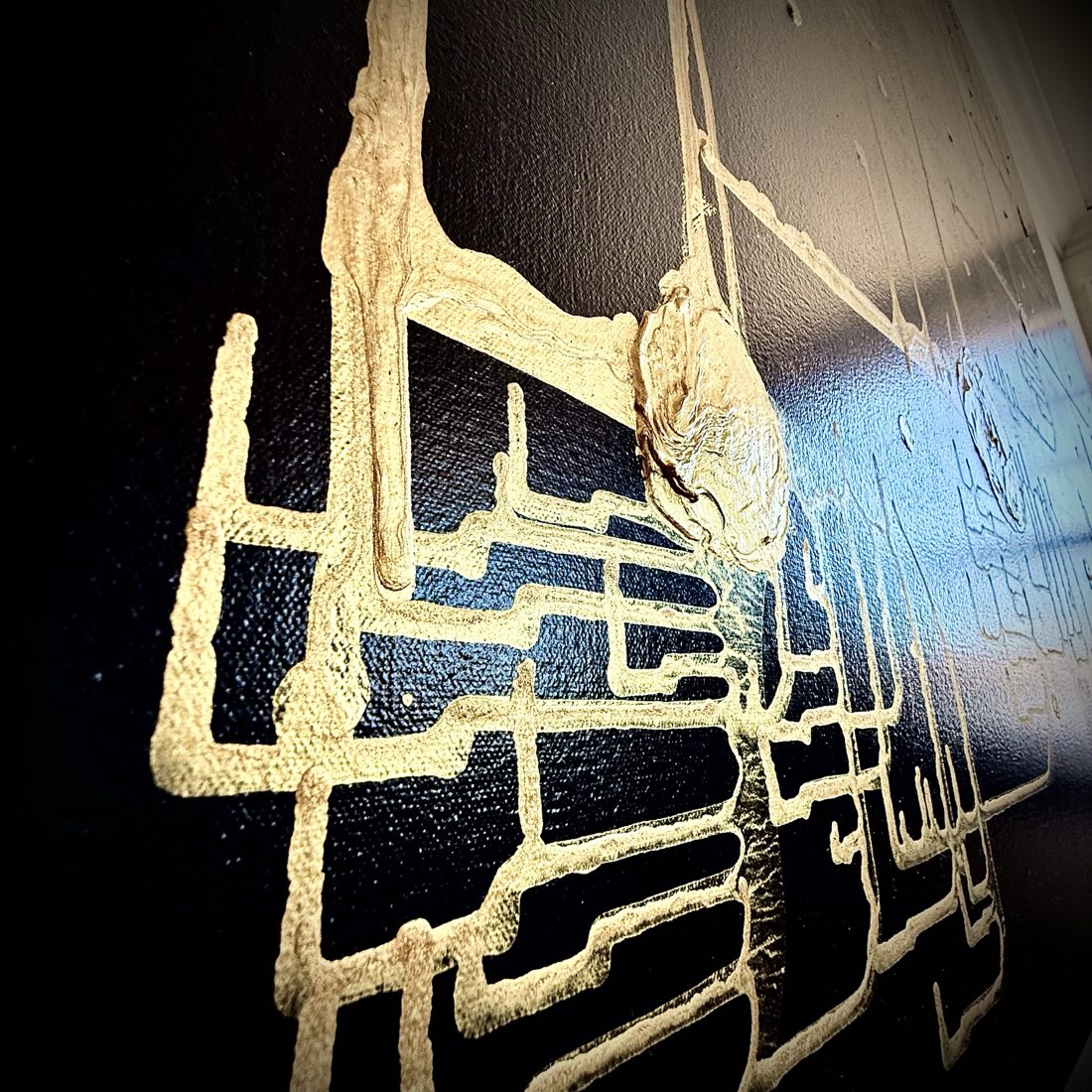 Raking-light detail of Endurance by D.C. Christian: gold traces standing in relief across the canvas surface.