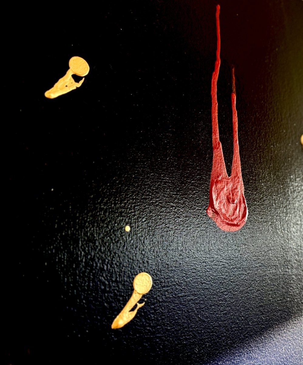 Close detail of the single red teardrop — the witness — on Endurance by D.C. Christian: a textured crimson form dripping over the deep blue-black field, with gold nodes nearby.