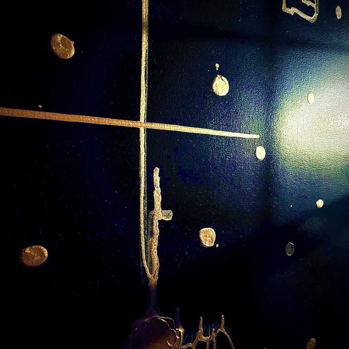 Detail of Endurance by D.C. Christian: a sparse passage of the deep indigo field where a few gold points are scattered like stars between the connecting lines.