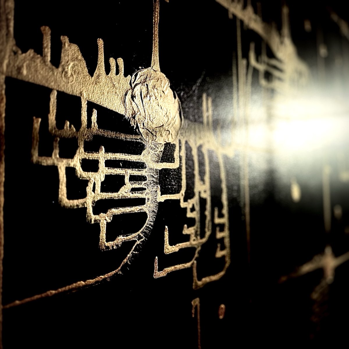 Surface detail of Endurance by D.C. Christian: gold metallic impasto and structural traces seen along the canvas under grazing light, the deep field falling away behind.