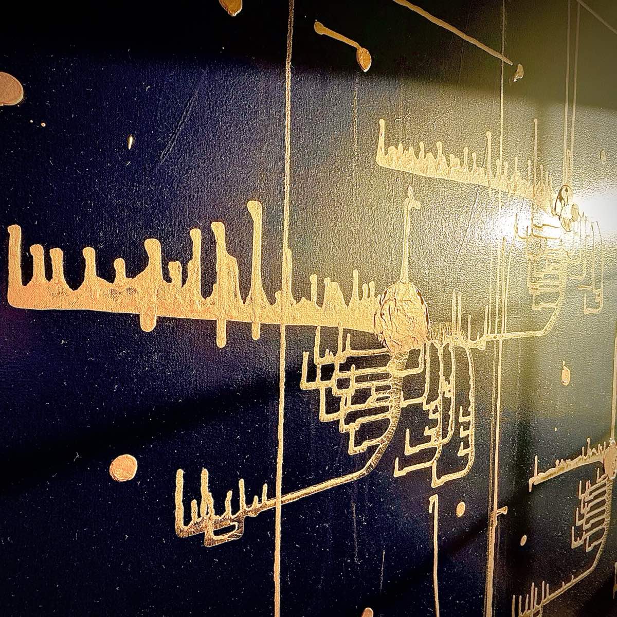 Detail of Endurance by D.C. Christian: the saturated celestial blue field, its depth shifting from black to luminous blue under the light, crossed by the gold structural network.