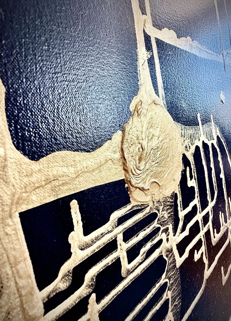 Close detail of Endurance by D.C. Christian: a heavily built gold metallic-impasto node in raking light, the comb of traces descending from it over the deep field.