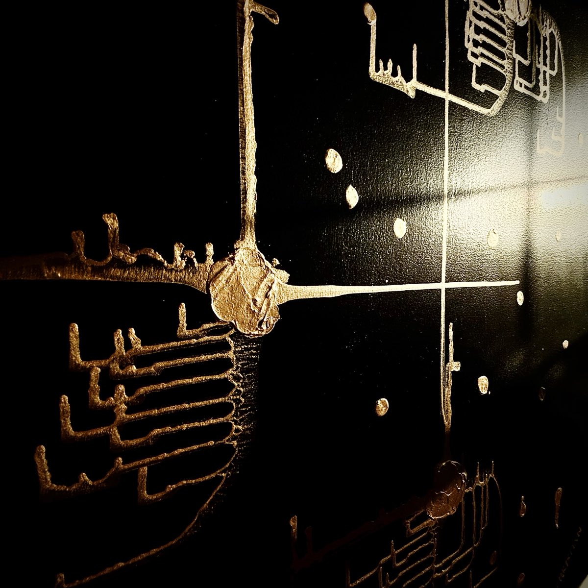 Detail of Endurance by D.C. Christian: a gold impasto node at the intersection of traces, with scattered gravitationally dropped points across the field.