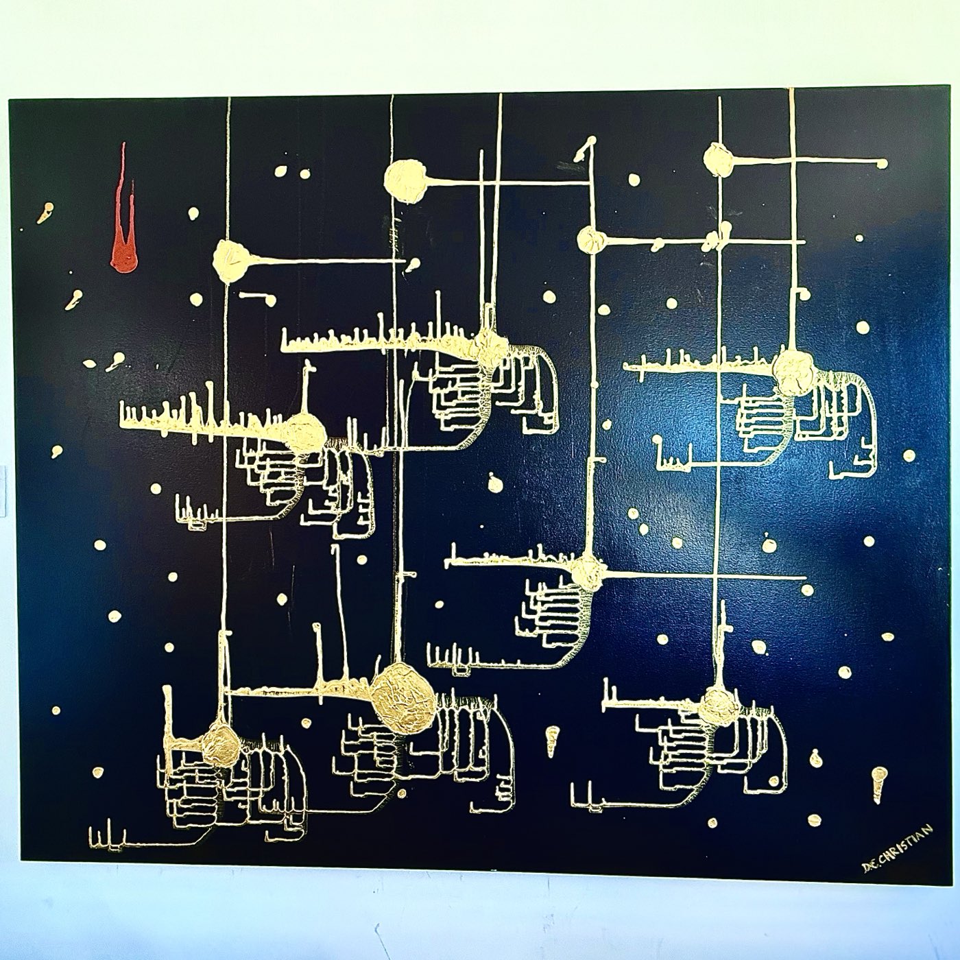 Endurance by D.C. Christian — Starwake, celestial blue: a 72-inch-wide by 60-inch-tall deep blue canvas with a network of gold structural traces, circular impasto nodes at intersections, scattered gold points, a single red teardrop in the upper left, and the painted signature at the lower right.
