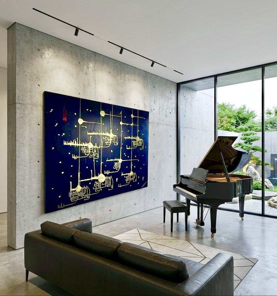 Endurance, 2026, by D.C. Christian, hung in a private residence — a concrete-walled living room with track lighting, a grand piano, and floor-to-ceiling glass to a Japanese garden.